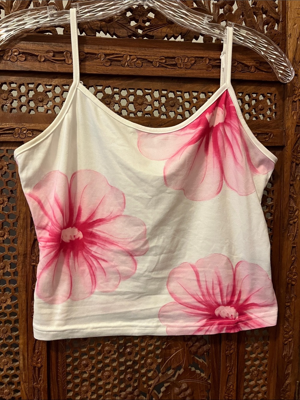 SHEIN White Spaghetti-Strap Cami with Pink Floral Print